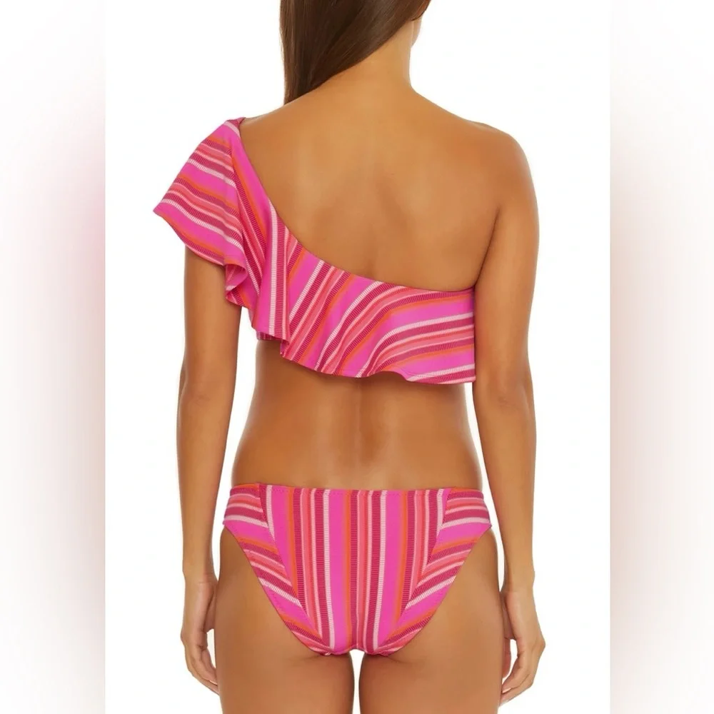 TRINA TURK Marai Ruffle Top & Hipster Bottom Bikini Set / Pink Stripe, Size 10 - Picture 12 of 13